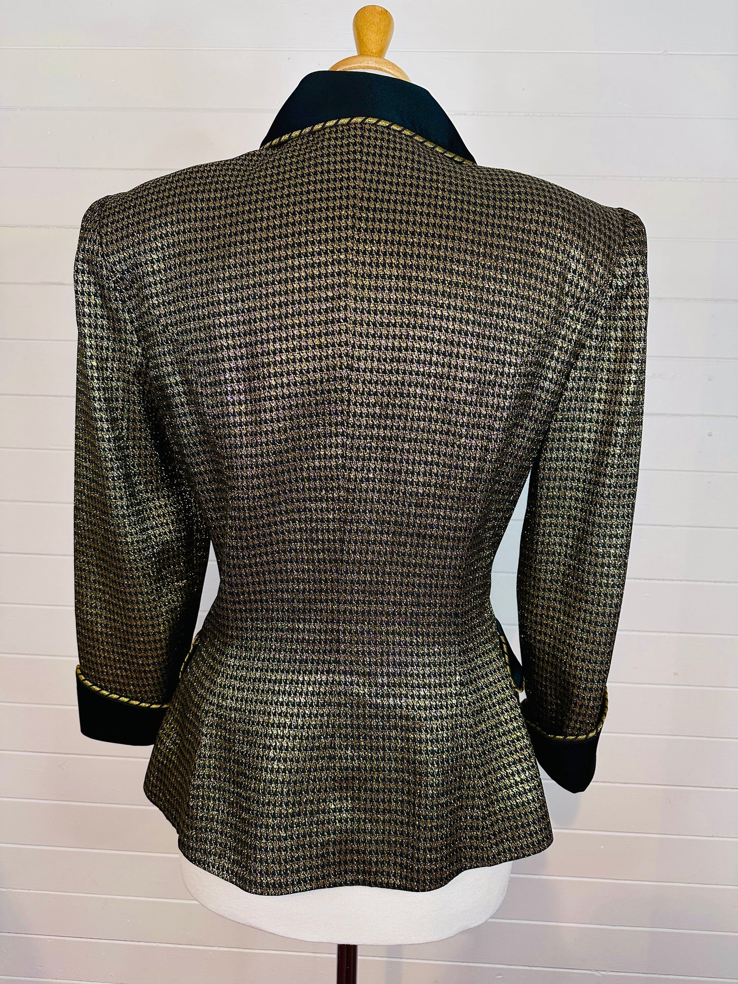 1980's Daymor Couture Tailored Metallic Gold and Black Herringbone Tuxedo/Smoking Jacket with Shawl Collar (10)