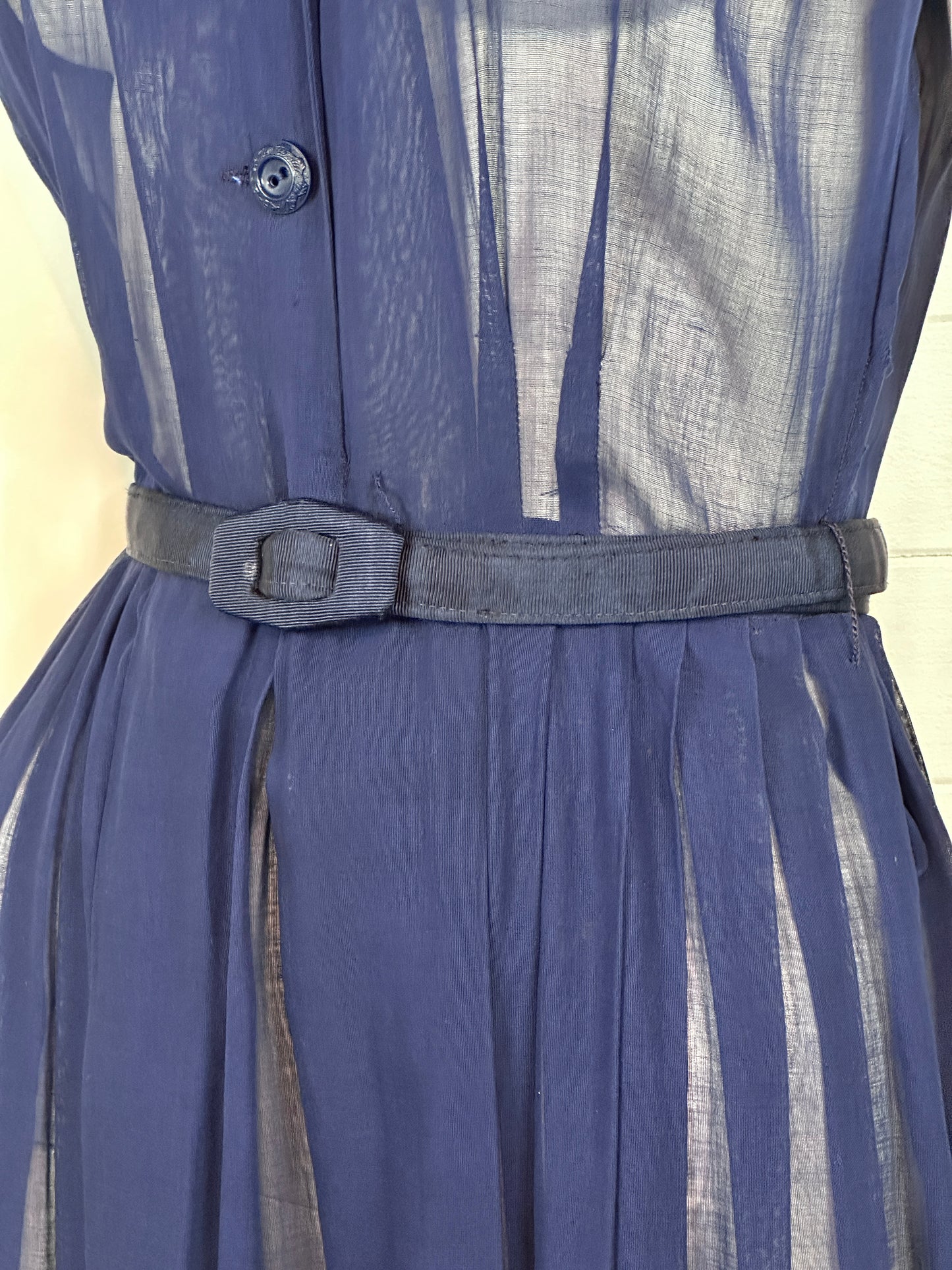 1940's Sheer Navy Shirtwaist Day Dress with Pleated Skirt (S-M)