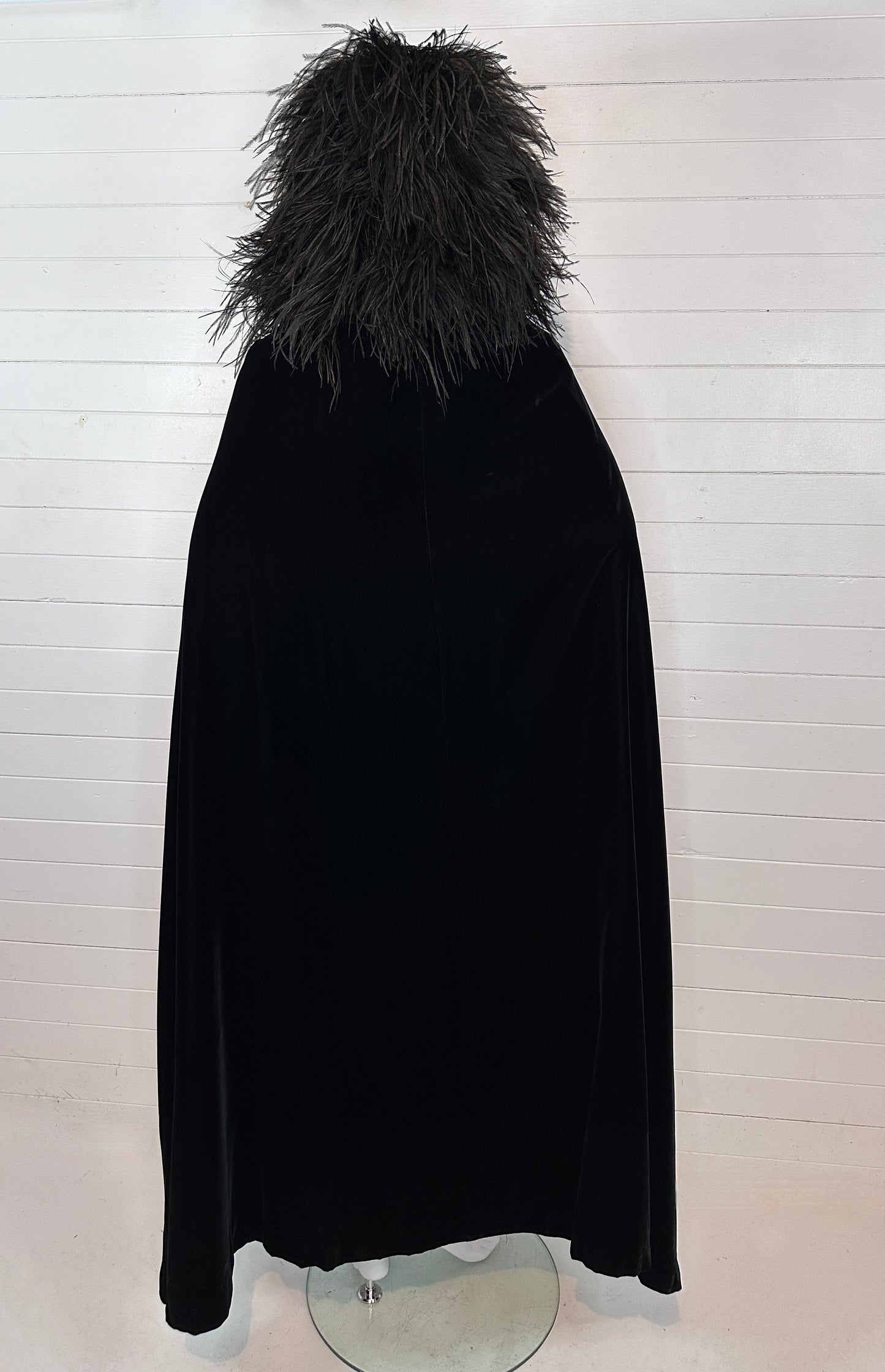 1960's Black Silk Velvet Cape with Ostrich Feather Hood (S)