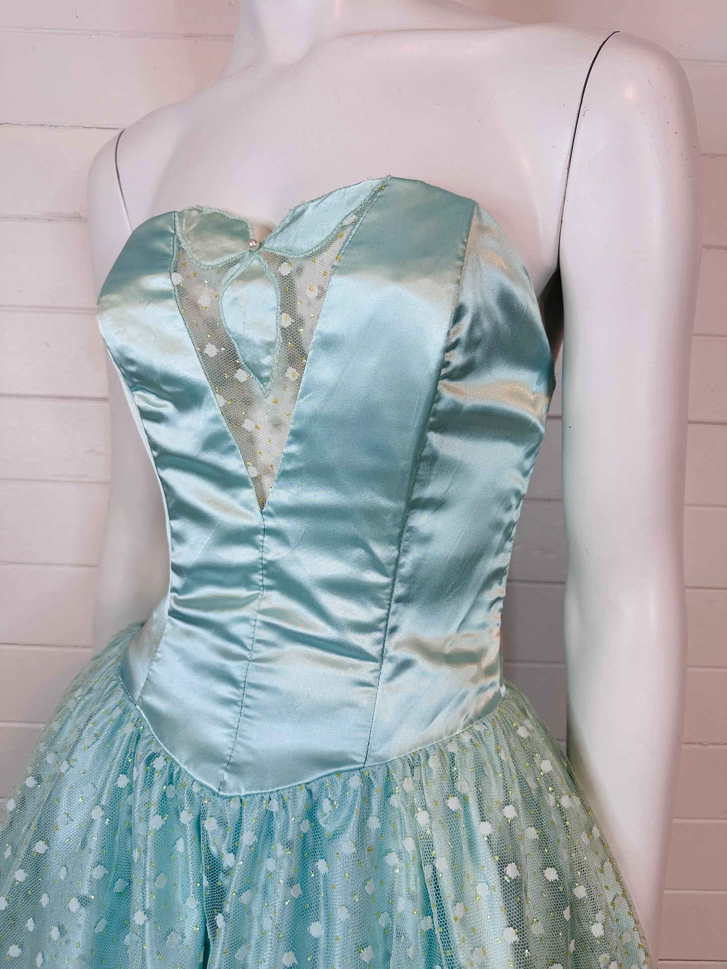1980's Ice Blue Satin Strapless Prom Dress by Steppin' Out (XS)
