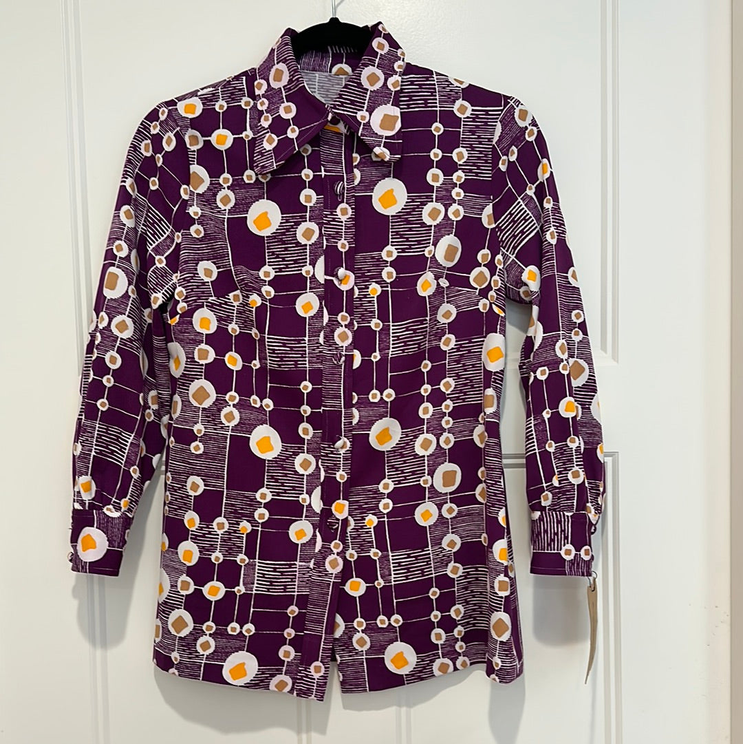 60’s to 70’s Purple Abstract Print Blouse