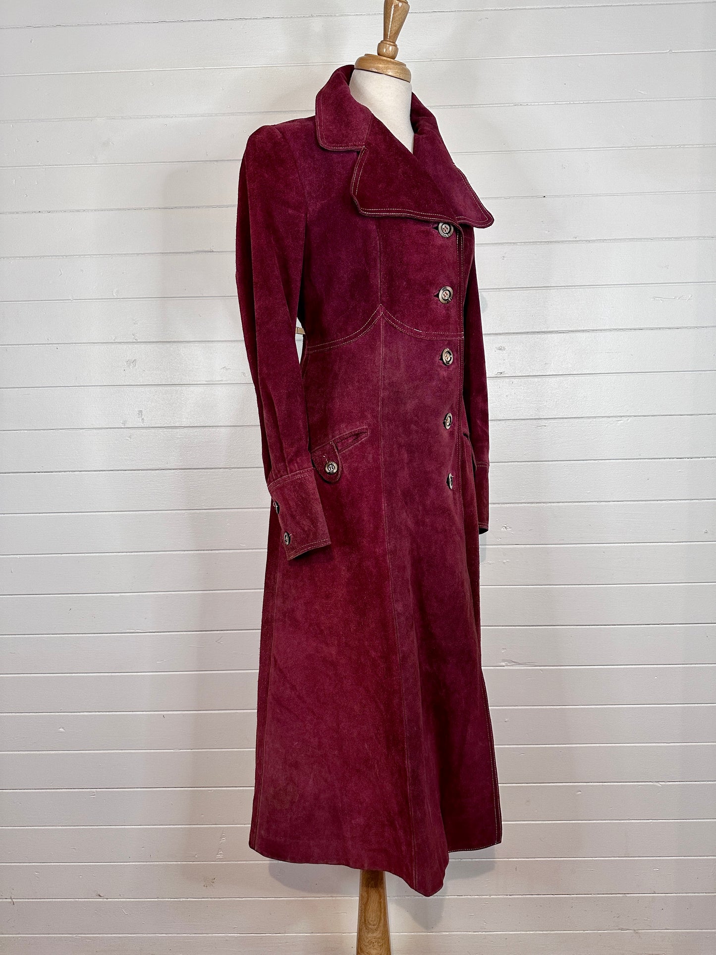1970's Blood Red Long Suede Princess Cut Tailored Coat (M)