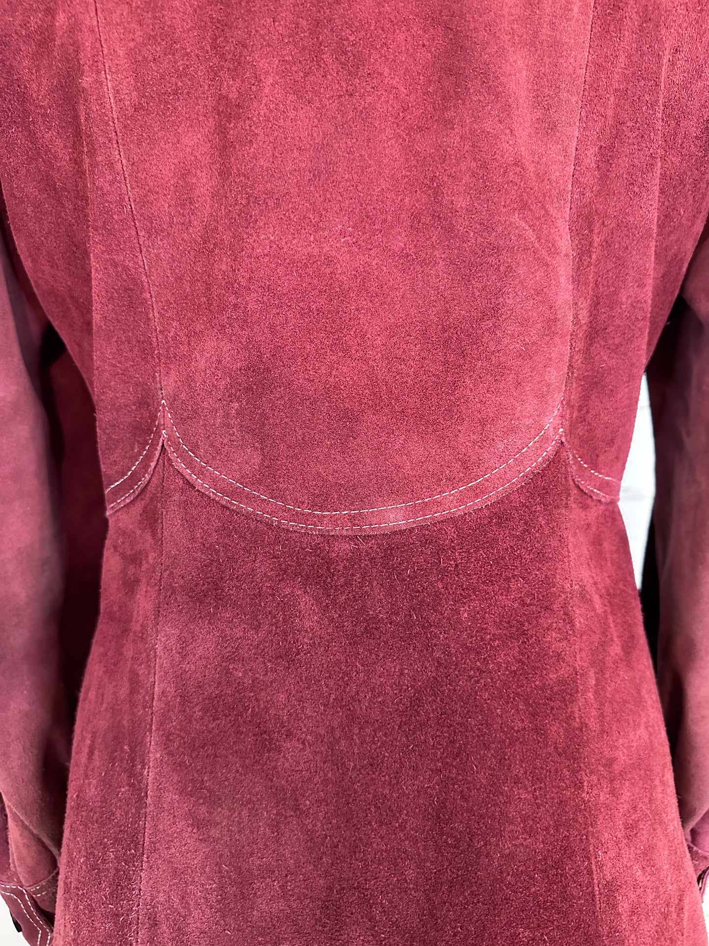 1970's Blood Red Long Suede Princess Cut Tailored Coat (M)