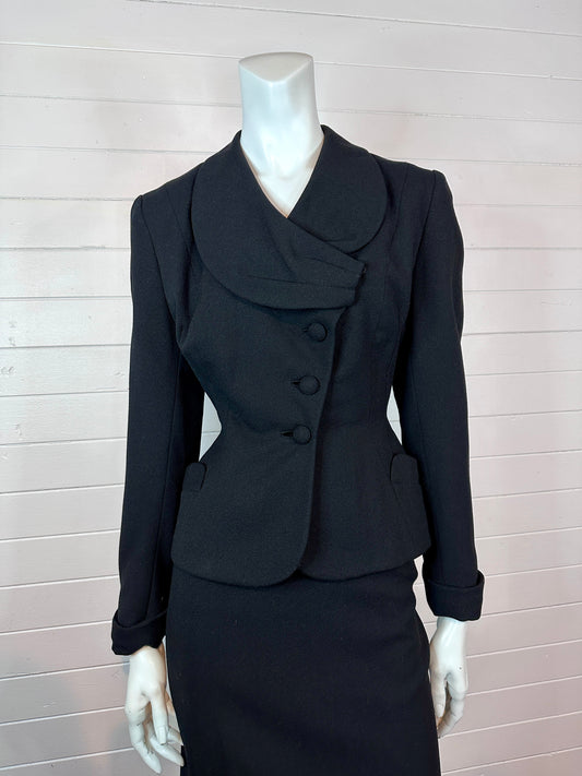 1950's Custom Made Jet Black Wool Pencil Skirt Suit Set (XS)
