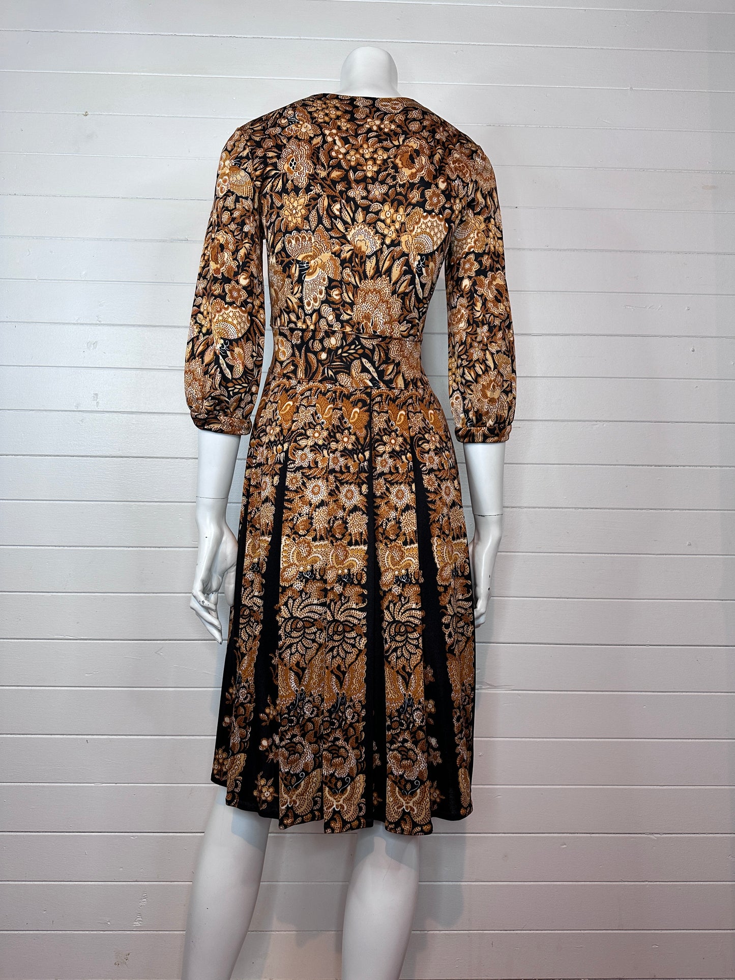1970's Ban-Lon®️Black and Brown Floral Print Stretch Day Dress (S)