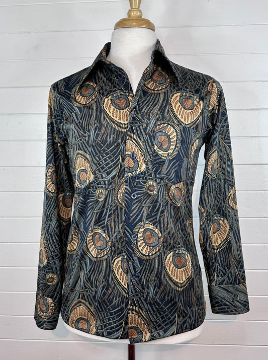 1970's Men's Peacock Feather Novelty Print Disco Shirt (M)