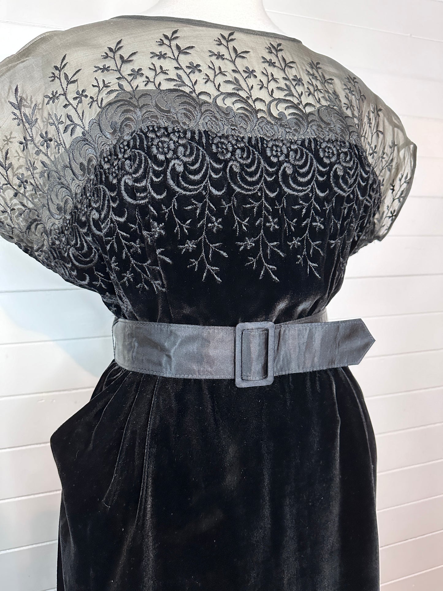 1950's Black Silk Velvet Embroidered Cocktail Dress