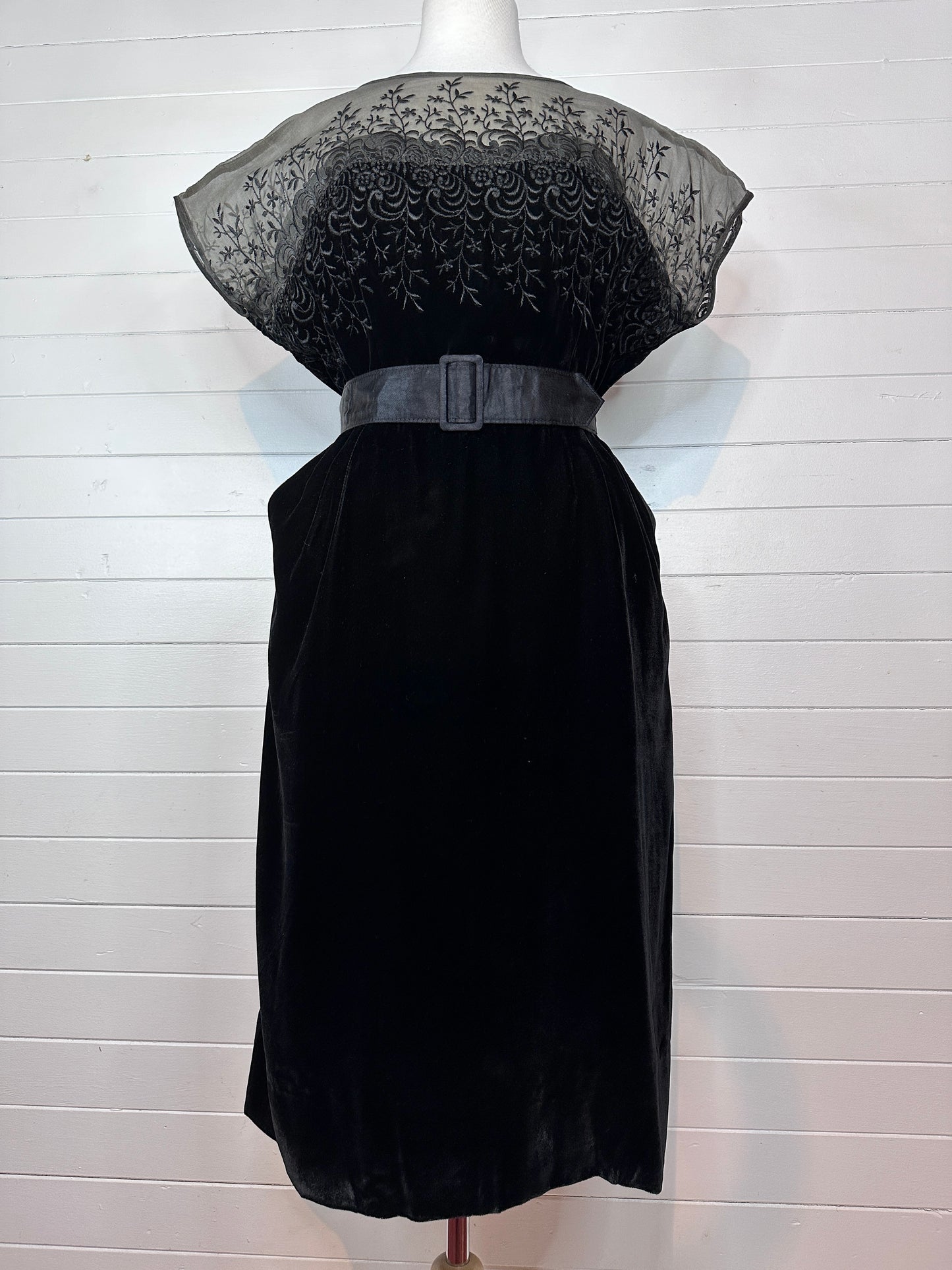 1950's Black Silk Velvet Embroidered Cocktail Dress