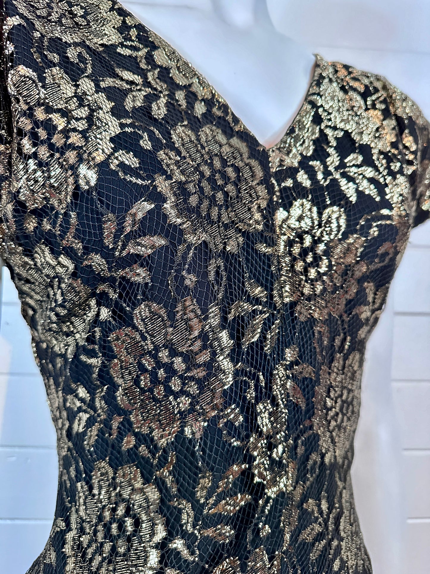 1980's Metallic Gold Lace and Black Chiffon Cocktail Dress
