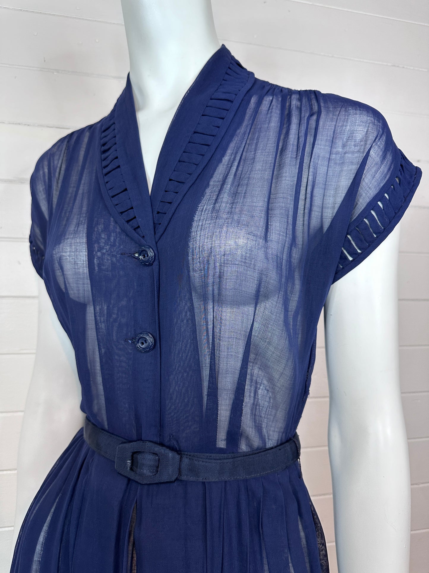 1940's Sheer Navy Shirtwaist Day Dress with Pleated Skirt (S-M)