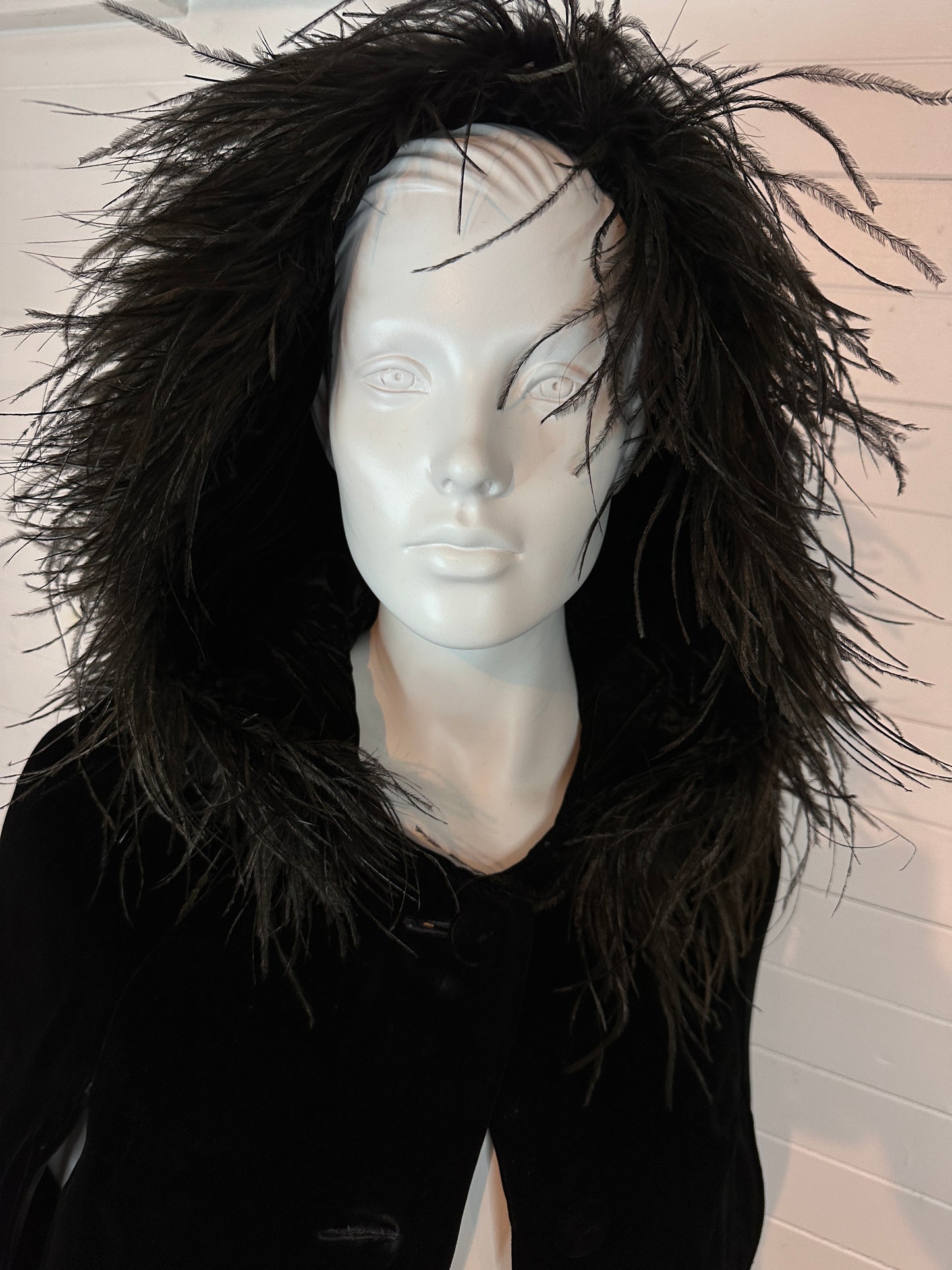 1960's Black Silk Velvet Cape with Ostrich Feather Hood (S)