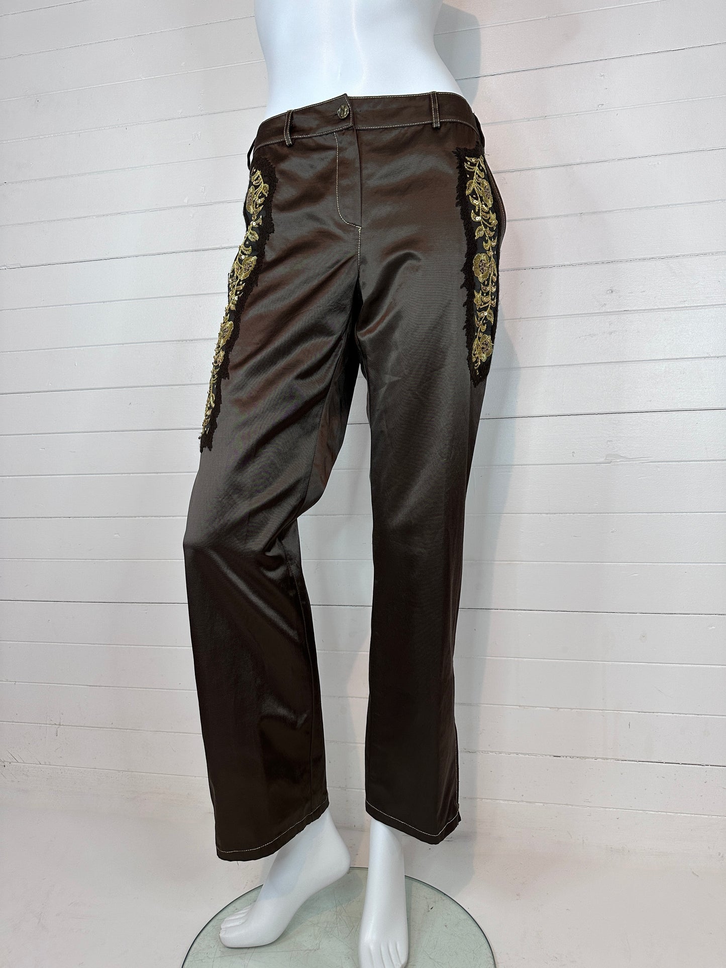 Y2K Roberto Cavalli Class Satin Pants with Gold Embroidery (12)