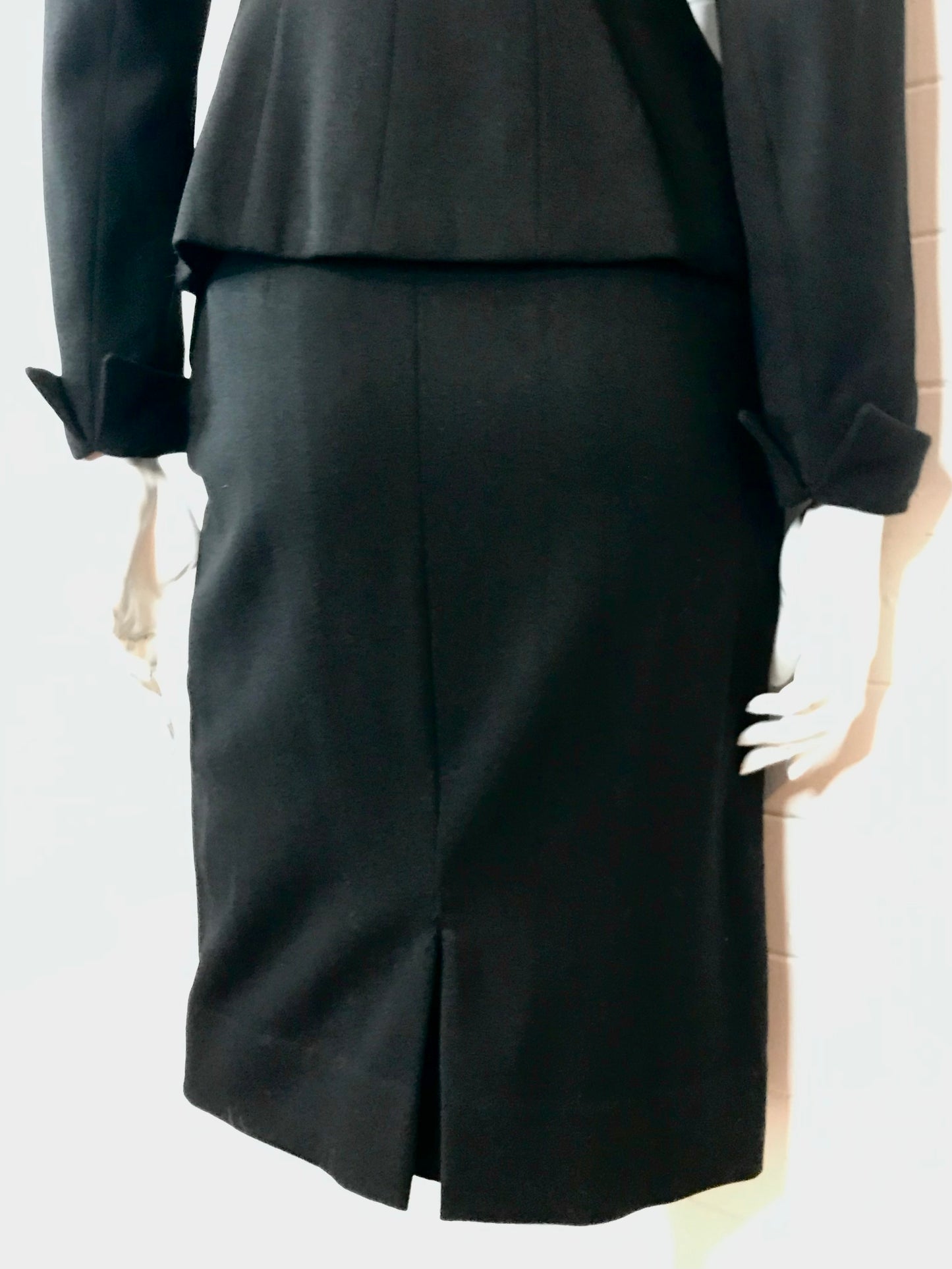 1950's Custom Made Jet Black Wool Pencil Skirt Suit Set (XS)
