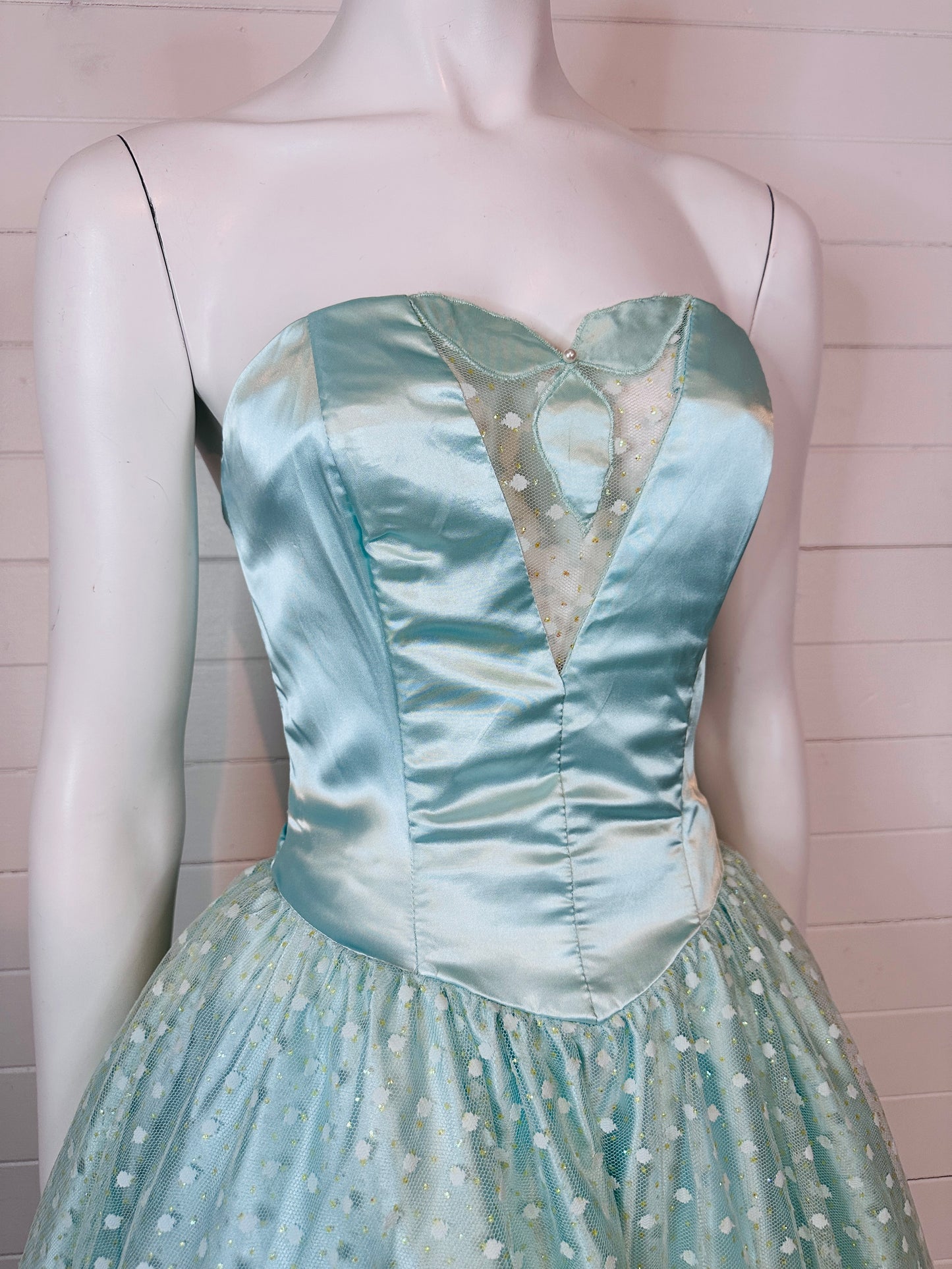 1980's Ice Blue Satin Strapless Prom Dress by Steppin' Out (XS)